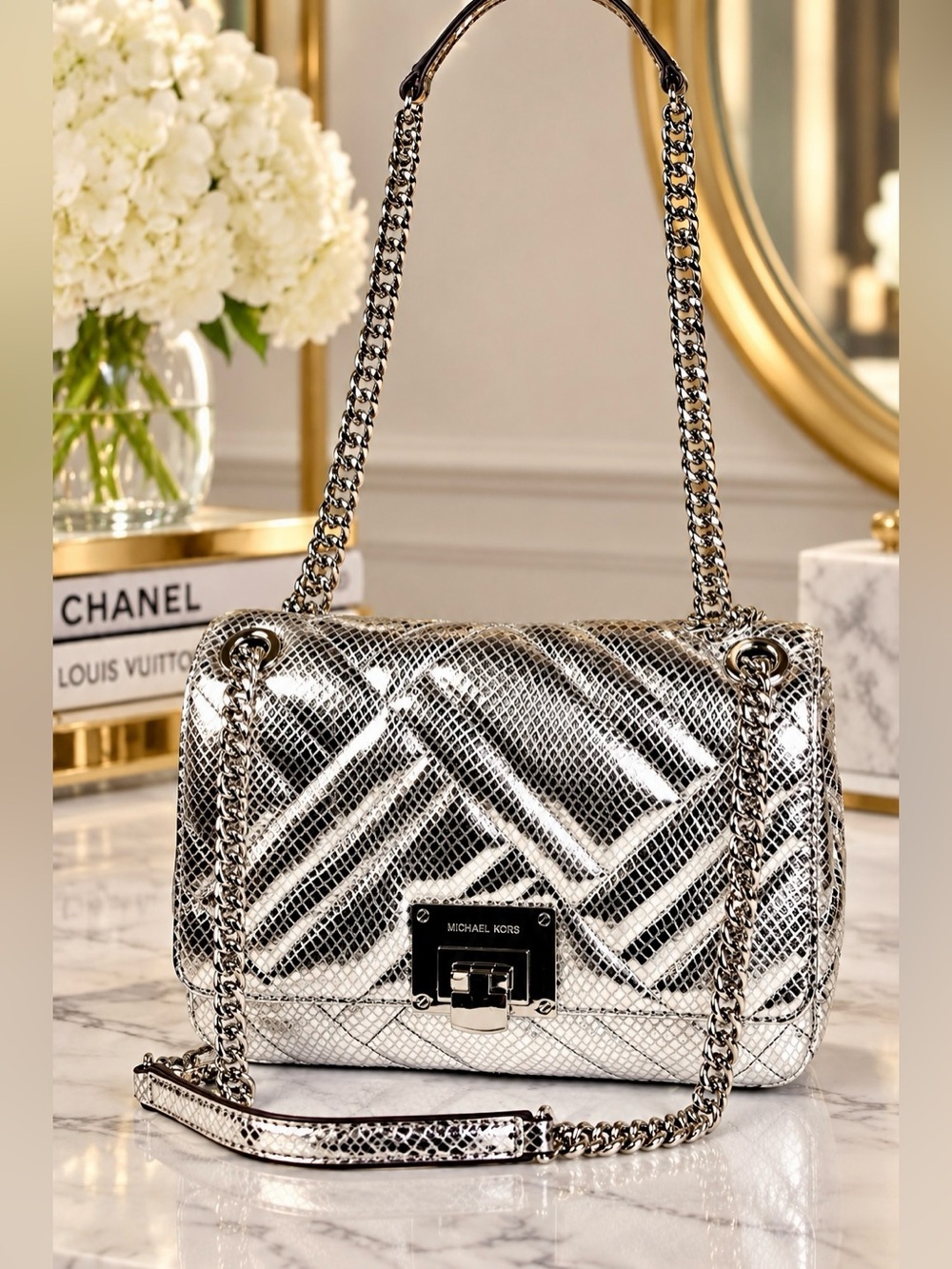 Michael Kors Metallic Silver Snake Embossed Quilted Shoulder Crossbody Bag - Picture 3 of 14